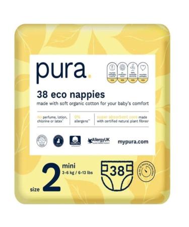 Pura eco-diapers size 2 (mini 3-6 kg) 38 diapers (1 pack) certified with EU Ecolabel for sensitive skin made of organic cotton odorless hypoallergenic moisture indicator size 2 (38 diapers)