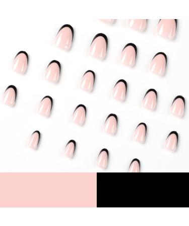 RUNRAYAY Short Almond French Tips Press on Nails | Glossy Black Stick on False Nails - 24Pcs - Buy Online on SooperMarket.com