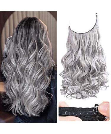 REECHO Invisible Wire Hair Extensions with Transparent Headband Adjustable Size Removable Secure Clips in Curly Wavy Secret Hairpiece for Women 20 Inch - Grey/Brown/Silver/White Mixed 20 Inch (Pack of 1) Grey/Brown/Silver/White Mixed