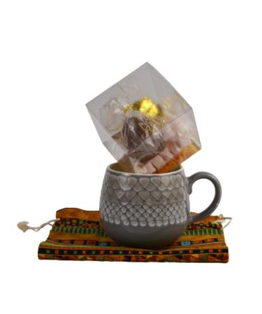 Bossa Nova Luxury Chocolate Bomb Gift Set Bundle Hot Chocolate with Marshmallows gift-wrapped in a textile bag with Mason Cash Impressions stoneware cosy mug With Mustard textile bag