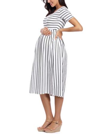 Love2Mi Women's Short-Sleeve Maternity Dress XL - Casual A-Line Midi Pregnant Dress in White Black Stripe - Buy Online on SooperMarket.com