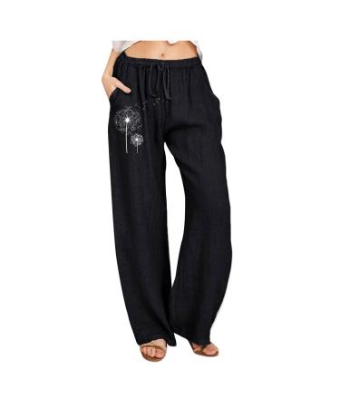 CTRLZS Women's Cotton Linen Palazzo Pants Summer Drawstring High Waist Plus Size Casual Loose Wide Leg Beach Trousers Pockets B-black X-Large