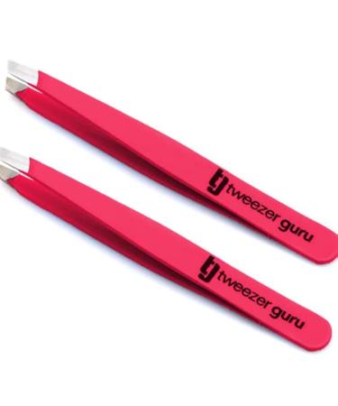 Tweezer Guru Tweezers for Women - 2pc Slant Pointed Precision Tweezers for Eyebrows & Ingrown Hair Removal - Blackhead and Splinter Tweezer with Sharp Needle Nose Point for Plucking (Bright Pink)