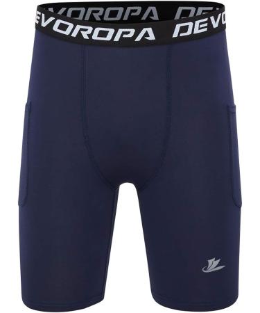 DEVOROPA Youth Boys' Compression Shorts 2-Pack, Black/Navy, Large | Performance Athletic Base Layers with Side Pockets - Training Underwear - Buy Online on SooperMarket.com