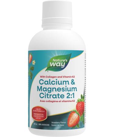 Nature's Way Calcium and Magnesium Citrate 2:1 - Liquid Supplement with Vitamin K2 and Collagen Helps Support the Maintenance of Bones and Teeth Strawberry Flavour 500 mL Packing may vary