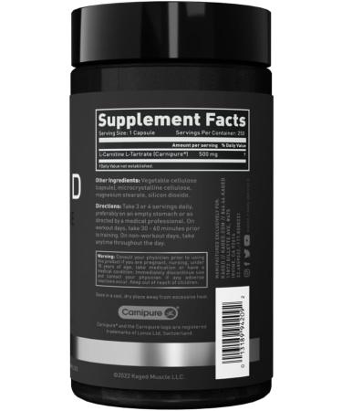 Kaged Muscle Premium L-Carnitine 500mg | Stimulant-Free for Men & Women | Supports Muscle Recovery & Soreness Reduction | 250 Veggie Capsules - Buy Online on SooperMarket.com
