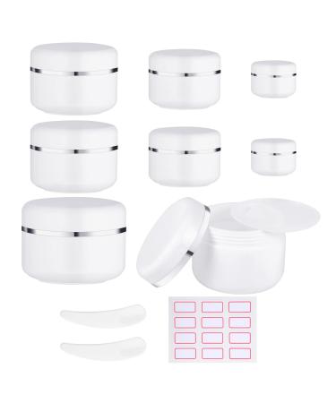 8 Pcs Cosmetic Sample Jars Including 10ml/30ml/50ml/100ml Travel Pots for Toiletries with Spatulas Tool and Labels for Creams Make-up Sample Glitter Nail Art Storage