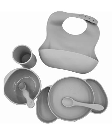 6 Piece Silicone Baby Feeding Set  LED Weaning  Bib - Suction Plate - Suction Bowl - Cup - Two Spoons - BPA-Free - Dishwasher Safe - Food Grade Silicone - Color: Gray - LED Weaning