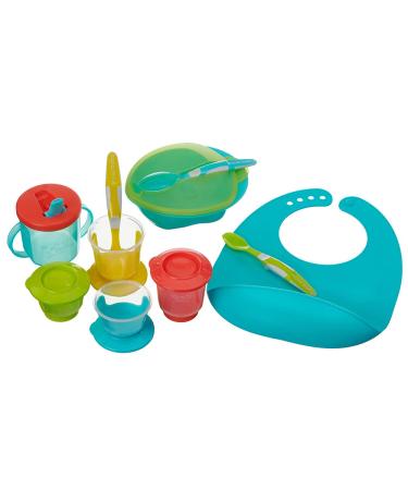 Vital Baby Nourish Start Weaning Kit - Weaning and Feeding Set - Spoons Pots Bowl Cup & Bib - Bright Colours & Durable Materials - BPA Phthalate & Latex Free - Essential Baby Led Weaning - 10pcs multicoloured/blue 9 Count (Pack of 1)
