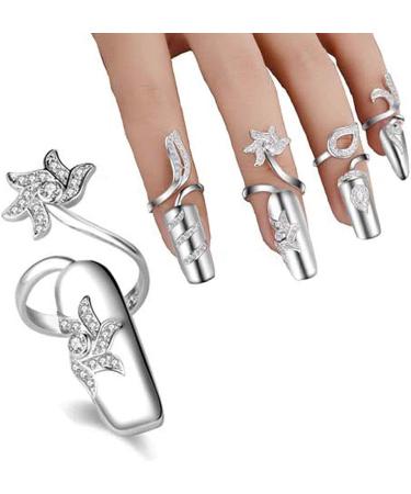 4 PCS Rhinestone Finger Tip Nail Rings - Adjustable Opening Nail Art Charms in Silver Women's Fashion - Buy Online on SooperMarket.com