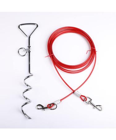 Spiral Heavy Duty Ground Spike Stake (40cm/16.14") with Outdoor Dog Camping Tie Out (3m Red) Dog Tie Out Cable and Stake for Dogs Out for Outdoor Yard and Camping