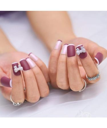 Sethexy Purple Sparkle Bowknot False Nails - 24 Pcs Acrylic Short Square Nail Art Tips for Women & Girls - Complete Cover - Buy Online on SooperMarket.com