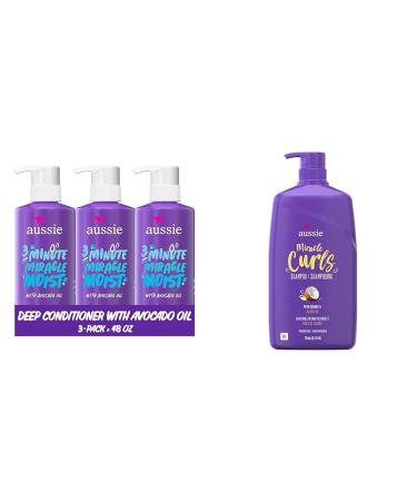 Aussie Deep Conditioner for Dry Hair with Avocado and Jojoba Oil 3 Minute Miracle Moist Paraben Free Triple Pack (1 475 mL Total) & MIRACLE CURLS SHAMPOO WITH COCONUT & JOJOBA OIL 778ML