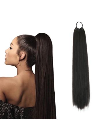 prinfantasy Human Hair Straight Wrap Around Ponytail Extensions Hairpiece Yaki Straight Hairpieces Magic Paste Long Ponytail for Women Girls Netural Black 24 In GBMW278 MW278 24 inch