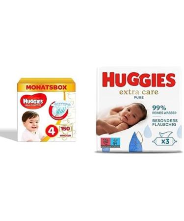 Bundle of Huggies Ultra Comfort Babywindeln Size 4 (7 18 kg) 150 pieces + Huggies Pure Extra Care Baby humidity towels 99% pure water perfume free 3 x 56 cloths triopack diapers size 4 + wet wipes