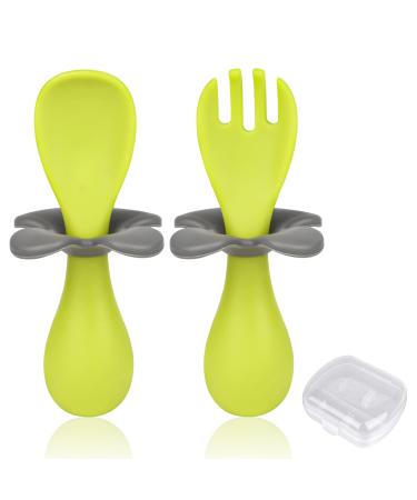 Vicloon Baby Fork and Spoon Infant Self Baby Spoon Fork Self Feeding Utensil Set Baby Cutlery Feeding Set Toddler Utensils Spoons Forks for Kids Self Feeding(Green Flowers)