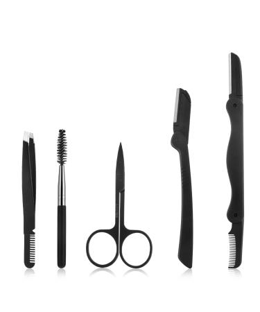 Lusofie 5 IN 1 Eyebrow Grooming Kit  Stainless Steel Eyebrow Razor with Brow Comb Tweezers  Scissors  Brow Razors  Spoolie Brush for Women and Men