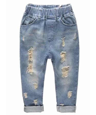 KIDSCOOL SPACE Retro Toddler Little Child Rippd Holes Elastic Waist Fashion Jeans 2-3 Years Light Blue-4066