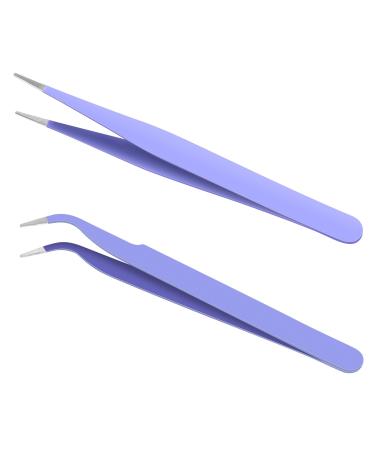 Ainiv 2Pcs Straight Curved Tweezers Lash Tweezers Stainless Steel Pointed Tweezers Kit Sticker Tweezers Craft Tweezers for Eyelash Extensions DIY Crafts Nail Art Jewelry Making (Purple) #4 2PCS Purple