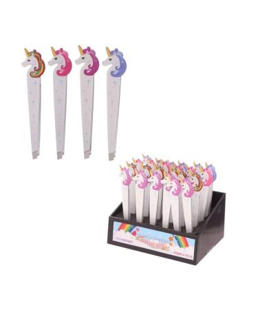 Unicorn metal tweezers in rainbow design for removing eyebrows and facial hair.