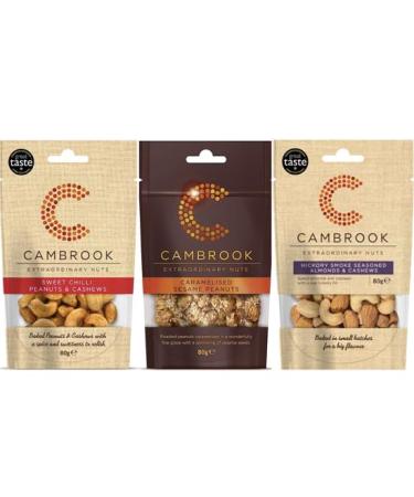 Cambrook | Hickory Smoke Seasoned Almonds & Cashews 80g | Sweet Chilli Peanuts & Cashews 80g | Caramelised Peanuts With Sesame Seeds 80g