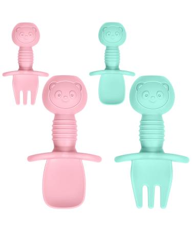 Vicloon Baby Fork and Spoon Set 4Pcs Infant Silicone Self Feeding Utensil Easy Grip Toddler Cutlery Kit Baby Weaning and Feeding Spoon for Infant Children First Led Training Weaning(Light Blue-Pink)