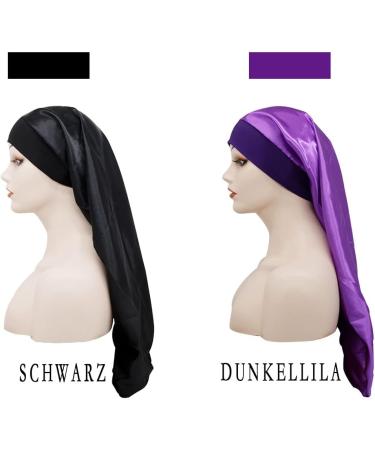Shop Ladaypoa Long Satin Sleeping Cap - 2 Large Women's Sleep Hats for Long Braids | Extra Large Soft & Convenient Black + Deep Purple - Buy Online on SooperMarket.com