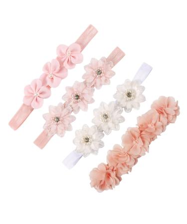 Leeq Baby Girls Bangs - 4Pcs Perce Pearl Flowers Hair Land Newborn Cute Elastic Flowers Headband Hairdressing For Babies toddler Girls Gift Photography (pink/white)