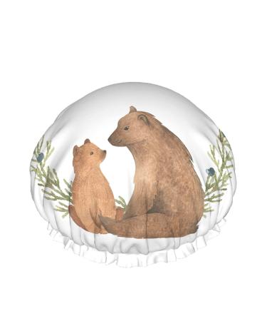 Moslion Brown Bears Shower Cap Watercolor Animal Wildlife Wreath Leaves Branch Circle Hand Drawn Large Shower Caps Reusable Double Layer Shower Hair Bath Cap Stylish Hair Bonnet Shower Hat a1012