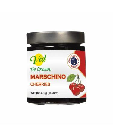 Ved Gourmet Original Red Maraschino Cherries - Italian Cherry for Old-Fashioned Cocktails - Vegan Cocktail Bourbon Cherries in Natural Syrup for Cocktail Garnish - 300g Jar Cherry 300 g (Pack of 1)