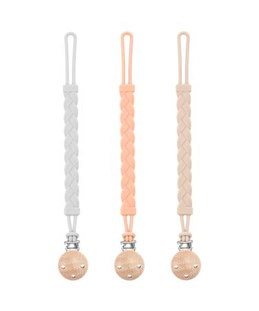 Pacifier Clip for Boys and Girls Binky Holder Pacifier Holder Soother Clip Food Grade Silicone Fits All Pacifiers - One-Piece Wooden Clips Design Pacifier Clip 3 Pack apricot light grey sand