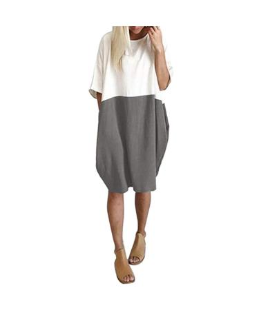 Quealent Women Baggy House Dress Plus Size Pockets O Neck Short Sleeves Casual Loose Dress Cotton Vintage Dress Gray