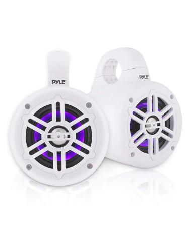 Pyle Waterproof Marine Wakeboard Tower Speakers - 4 Inch Dual Subwoofer Speaker Set w/ 300 Max Power Output - Boat Audio System w/Built-in LED Lights - Mounting Clamps Included PLMRLEWB46W (White) LED White