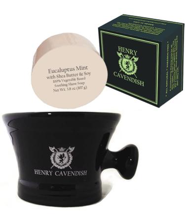 Henry Cavendish Eucalyptus Mint Shaving Kit with - Shaving Soap with Shea Butter & Coconut Oil. Long Lasting 3.8 oz Puck Refill plus Gentleman's Ceramic Shaving Soap Bowl with Handle.