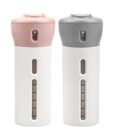Chiveenido 4-in-1 travel dispenser 2 pieces travel shampoo and flushing dispenser refillable travel bottles for toilet items muti pumping piggings cultural bottles for travel pink+gray