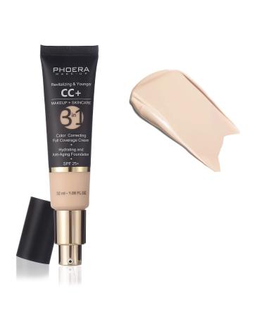 PHOERA Anti-Aging Color Correcting Full Coverage Cream Foundation SPF 25+ Revitalizing & Younger infused Concealer with Vitamins For dark circles acne scars wrinkles & redness. (100 Porcelain) 32 ml (Pack of 1) 100 Porcelain