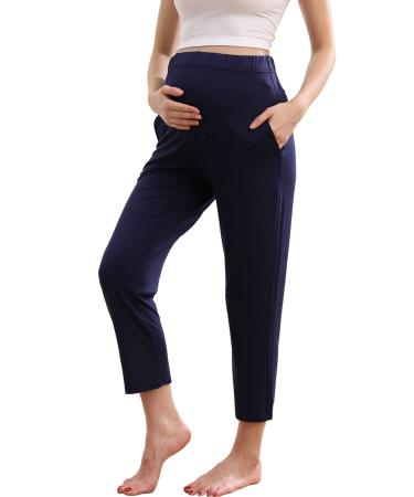 ZUMIY Maternity Lounge Pants Pregnancy Trousers Over The Belly Stretchy Activewear Maternity Clothes Sweatpants with Pockets XL Navy Blue
