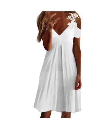 White Dress for Women Casual Slim Feather Printed Summer Dresses Short Sleeve V Neck Lace Strap Cold Shoulder Dress Large 01-white
