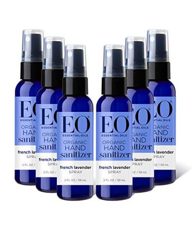 EO Organic Hand Sanitizer Spray, 2 Ounces (Pack of 6), Travel Size, French Lavender, Plant Derived Alcohol with Pure Essential Oils, 99% Effective Against Germs Eco-Bag