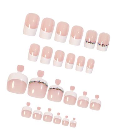 White Rhinestone French Tip Press on Toenails - 48Pcs Full Cover False Nails for Women - Buy Online on SooperMarket.com
