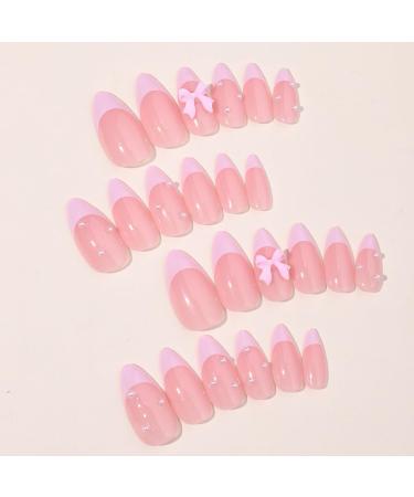 24Pcs Cute Pink French Press On Nails - Almond Shape Bow & Pearl Design - Luxury False Nails for Women - Full Cover Acrylic Manicure Accessories - Buy Online on SooperMarket.com