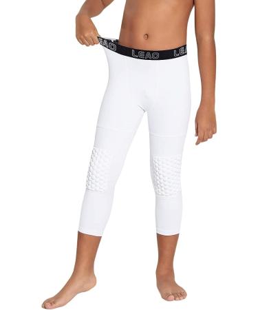 LEAO Youth Boys 3/4 Compression Pants with Knee Pads Cool Dry Basketball Tights Sports Capri Leggings White Small - Buy Online on SooperMarket.com