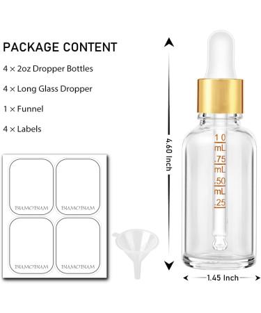 2 oz Clear Glass Dropper Bottles 4-Pack with Golden Lid for Oils - Includes Labels and Funnel - 60 ml Tincture Bottle with Measured Dropper - Buy Online on SooperMarket.com