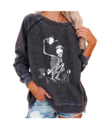 Fall Sweatshirts for Women Funny Vintage Skeleton Graphic Tee Shirts Womens Gothic Long Sleeve Crewneck Pullover Tops Large Dark Gray