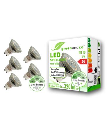 Greenandco 5x CRI 90+ GU10 LED spot dimmable without dimmer 5W 320 lm 110 3000K warm white 230V flicker -free 2 years guarantee 5W 3000K 110 dimmable in stages 5 pieces (1 Pack)