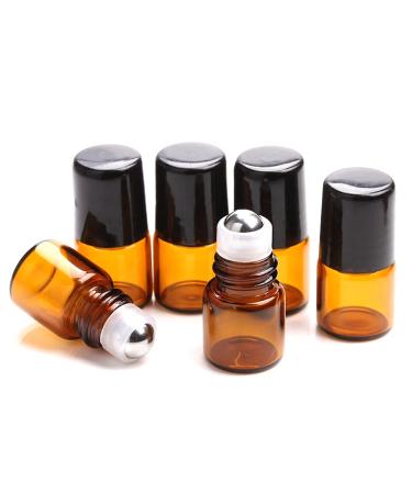 Furnido 25 Pack 1ml Amber Glass Roll on Bottle For Essential Oils Perfume Vial with Stainless Steel Roller Ball Black Caps Mini Sample Vials Cosmetics Small Container