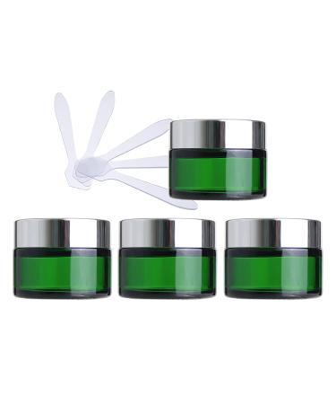 Zeoabsy 4 piece of empty green glass cream box 30ml with silver screw lid green glass screw box glass tinge glass socket ointment pot cosmetic socket for gels creams + 4x spatula silver 30ml