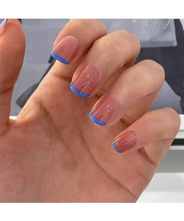 Vatocu quadratic shiny artificial nails French pink nails to stick on brief blue false nails ballerina acrylic stick on the nails for women and girls (24 pieces)