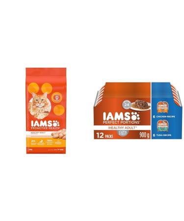 IAMS Proactive Health Healthy Adult Dry Cat Food with Chicken 3.18kg Bag & Perfect Portions Healthy Wet Cat Food Adult Grain Free Cuts in Gravy - Chicken and Tuna 12CT Multipack 75g Tray 3.18 kg (Pack of 1) Dry Cat Food + PET_FOOD 385854
