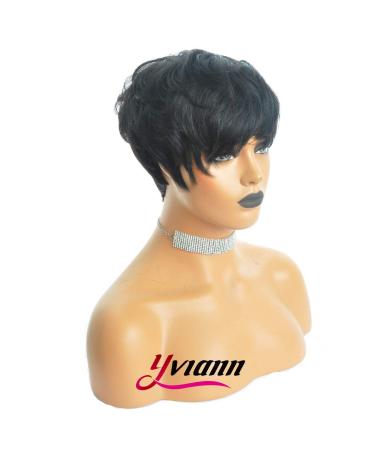 Yviann Short Black Wavy Pixie Cut Human Hair Wig with Bangs for Women - 1B Color - Buy Online on SooperMarket.com